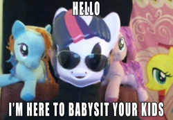 Size: 872x603 | Tagged: safe, derpibooru import, twilight sparkle, human, funrise, irl, irl human, male, mask, photo, plushie, solo, sunglasses, text