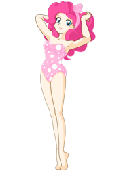 Size: 1288x1808 | Tagged: safe, artist:pumpkinchans, pinkie pie, human, armpits, clothes, humanized, one-piece swimsuit, pinup, simple background, skinny, solo, swimsuit, transparent background