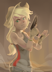 Size: 1669x2282 | Tagged: safe, artist:facerenon, applejack, human, gun, humanized, no trigger discipline, pistol, solo, walther ppk