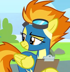 Size: 1133x1155 | Tagged: safe, derpibooru import, screencap, spitfire, pegasus, pony, newbie dash, clipboard, clothes, cropped, female, frown, goggles, mare, solo, uniform, wonderbolts, wonderbolts uniform