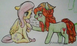 Size: 1280x764 | Tagged: safe, artist:princesssnapdragon, fluttershy, tree hugger, pegasus, pony, blushing, traditional art