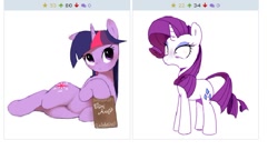 Size: 580x335 | Tagged: safe, artist:30clock, derpibooru import, rarity, twilight sparkle, pony, unicorn, book, derpibooru, exploitable meme, juxtaposition, juxtaposition win, meme, meta, pixiv, shocked