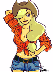 Size: 1170x1600 | Tagged: safe, artist:alisunki, artist:wilkowsky, applejack, human, belly button, cleavage, clothes, daisy dukes, female, front knot midriff, hair over one eye, humanized, midriff, solo