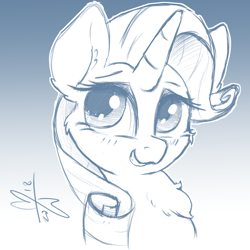 Size: 1200x1200 | Tagged: safe, artist:malwinters, rarity, pony, unicorn, bust, chest fluff, female, gradient background, mare, monochrome, portrait, sketch, solo