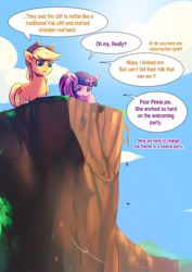 Size: 700x990 | Tagged: safe, artist:bakki, applejack, twilight sparkle, twilight sparkle (alicorn), alicorn, earth pony, pony, yak, party pooped, bad end, cliff, dialogue, female, implied death, implied murder, looking down, mare, murder, open mouth