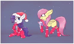 Size: 5000x3000 | Tagged: safe, artist:rainyvisualz, fluttershy, rarity, pegasus, pony, unicorn, christmas, clothes, duo, female, gift wrapped, hat, holiday, mare, mouth hold, present, santa hat, socks, stockings, thigh highs