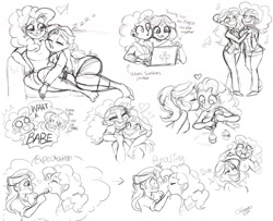 Size: 1280x1040 | Tagged: safe, artist:wimsie, pinkie pie, sunset shimmer, equestria girls, computer, cuddling, cupcake, dancing, expectation vs reality, female, food, laptop computer, lesbian, monochrome, shipping, sketch, sofa, sunsetpie