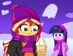 Size: 3102x2365 | Tagged: safe, artist:artiks, sunset shimmer, twilight sparkle, equestria girls, clothes, duo, female, food, ice cream, scarf, snow