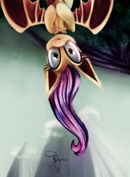 Size: 1400x1900 | Tagged: safe, artist:ferasor, fluttershy, bat pony, pony, flutterbat, looking at you, solo, upside down