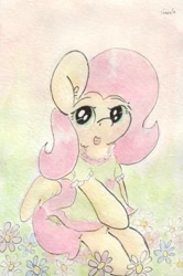 Size: 683x1028 | Tagged: safe, artist:slightlyshade, fluttershy, pegasus, pony, clothes, dress, flower, sitting, solo, traditional art