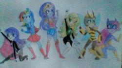 Size: 621x349 | Tagged: safe, derpibooru import, applejack, fluttershy, pinkie pie, rainbow dash, rarity, twilight sparkle, equestria girls, batgirl, bumblebee, dc superhero girls, green lantern, mane six, supergirl, wonder woman, zatanna