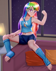 Size: 1500x1900 | Tagged: safe, artist:focusb, derpibooru import, rainbow dash, human, armpits, clothes, feet, female, flexing, humanized, lamp, leg warmers, looking at you, night, off shoulder, pillow, sexy, shorts, sitting, smiling, solo, stars, stupid sexy rainbow dash, tanktop