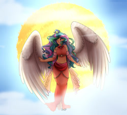 Size: 1024x931 | Tagged: safe, artist:dinkydoolove, princess celestia, human, backlighting, clothes, flying, humanized, midriff, short shirt, solo, sun, winged humanization, wings