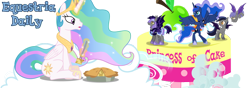 Size: 1000x350 | Tagged: safe, princess celestia, princess luna, bat pony, pony, banner, cake, cakelestia, eating, equestria daily, food, pie, trolluna