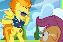 Size: 1622x1079 | Tagged: safe, derpibooru import, screencap, scootaloo, spitfire, pegasus, pony, the washouts (episode), clothes, cropped, discovery family logo, female, filly, floppy ears, flying, mare, sunglasses, uniform, whistle, wonderbolts dress uniform, wonderbolts headquarters