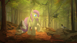 Size: 2692x1514 | Tagged: safe, artist:fuzzyfox11, fluttershy, bird, pegasus, pony, forest, raised hoof, solo, spread wings