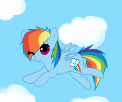 Size: 750x625 | Tagged: safe, artist:thesilliestwilly, derpibooru import, rainbow dash, pegasus, pony, backwards cutie mark, cloud, cute, female, flying, mare, one eye closed, solo