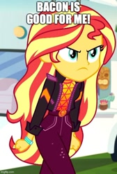 Size: 500x742 | Tagged: safe, edit, edited screencap, screencap, sunset shimmer, better together, equestria girls, sunset's backstage pass!, angry, bacon hair, caption, cropped, cute, geode of empathy, image macro, imgflip, impact font, king curtis, madorable, magical geodes, meme, solo, sunset shimmer is not amused, text, unamused