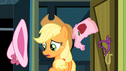 Size: 1366x768 | Tagged: safe, screencap, applejack, earth pony, pony, one bad apple, clothes, hat, ribbon, shirt, solo