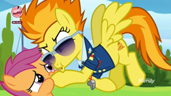 Size: 1920x1080 | Tagged: safe, derpibooru import, screencap, scootaloo, spitfire, pegasus, pony, the washouts (episode), bake it like buddy, clothes, discovery family logo, duo, faic, female, filly, flying, foal, hoof over mouth, mare, puffy cheeks, sunglasses, uniform, whistle, wonderbolts dress uniform, wonderbolts headquarters