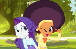 Size: 1980x1280 | Tagged: safe, artist:ktd1993, edit, rarity, saffron masala, equestria girls, afro, equestria girls-ified, female, flirting, lesbian, peace sign, raffron, shipping, watermark