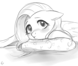 Size: 850x715 | Tagged: safe, artist:ehfa, fluttershy, pegasus, pony, monochrome, pillow, solo