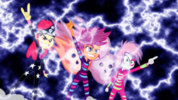 Size: 1920x1080 | Tagged: safe, artist:dachosta, artist:virenth, derpibooru import, apple bloom, scootaloo, sweetie belle, equestria girls, cutie mark crusaders, devil horn (gesture), insignia, lightning, show stopper outfits, vector, wallpaper