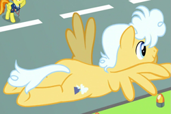 Size: 679x450 | Tagged: safe, derpibooru import, screencap, spitfire, pegasus, pony, top bolt, cropped, cutie mark, female, flying, male, mare, mountain haze, solo focus, stallion