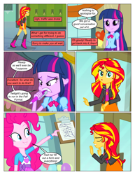 Size: 612x792 | Tagged: safe, artist:greatdinn, artist:newbiespud, edit, edited screencap, screencap, pinkie pie, sunset shimmer, twilight sparkle, collaboration, comic:friendship is dragons, equestria girls, equestria girls (movie), clipboard, clothes, comic, dialogue, eyes closed, female, pen, screencap comic