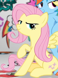 Size: 390x523 | Tagged: safe, derpibooru import, screencap, applejack, fluttershy, rainbow dash, earth pony, pegasus, pony, badass, bipedal, cool, cropped, female, flutterbadass, fresh princess and friends' poses, fresh princess of friendship, graffiti, hasbro, lidded eyes, mare, official, parody, pose, sitting, smiling, smug, smugshy, solo focus, spread wings, the fresh prince of bel-air, wings