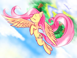 Size: 1024x778 | Tagged: safe, artist:freeedon, fluttershy, pegasus, pony, cloud, eyes closed, female, flying, mare, outdoors, profile, sky, smiling, solo, spread wings, wings