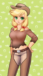 Size: 700x1243 | Tagged: safe, artist:racoonsan, applejack, human, applerack, breasts, cowboy hat, cute, female, hat, humanized, jackabetes, midriff, solo, stetson, twintails