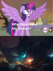 Size: 428x570 | Tagged: safe, derpibooru import, twilight sparkle, twilight sparkle (alicorn), alicorn, kaiju, pony, exploitable meme, female, hub logo, mare, meme, pacific rim, who destroyed twilight's home