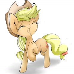 Size: 1023x1032 | Tagged: safe, artist:skippy_the_moon, applejack, earth pony, pony, eyes closed, happy, raised hoof