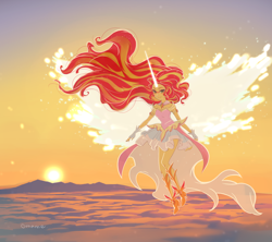 Size: 2700x2400 | Tagged: safe, artist:5mmumm5, sunset shimmer, human, equestria girls, daydream shimmer, female, flying, glowing horn, horn, horned humanization, humanized, jewelry, necklace, sun, sunshine shimmer