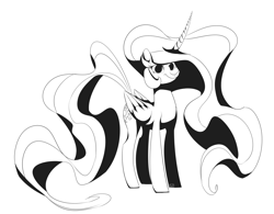 Size: 3314x2582 | Tagged: safe, artist:ogaraorcynder, princess celestia, alicorn, pony, curved horn, female, mare, missing accessory, monochrome, simple background, smiling, solo, white background