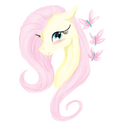 Size: 1024x1133 | Tagged: safe, artist:missivoryrainbow, fluttershy, butterfly, pegasus, pony, blushing, bust, floppy ears, looking at you, portrait, simple background, smiling, solo, white background