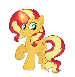 Size: 2048x2090 | Tagged: safe, artist:doraeartdreams-aspy, sunset shimmer, pony, unicorn, aura, female, glowing horn, high res, horn, magic, mare, raised hoof, simple background, smiling, solo, teal eyes, transparent background, vector