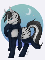 Size: 1743x2349 | Tagged: safe, artist:themstap, oc, oc only, oc:xeno, earth pony, pony, zebra, clothes, female, mare, scarf, socks, solo, stockings, thigh highs, winter, winter outfit