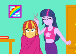 Size: 1020x732 | Tagged: safe, artist:jpgr, sunset shimmer, twilight sparkle, equestria girls, alternate hairstyle, book, clothes, duo, eyes closed, female, rainbow, scissors, sitting, smiling