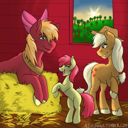 Size: 1280x1280 | Tagged: safe, artist:alexispaint, apple bloom, applejack, big macintosh, earth pony, pony, accessory swap, male, stallion