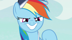 Size: 1280x720 | Tagged: safe, derpibooru import, screencap, rainbow dash, pegasus, pony, common ground, evil grin, grin, smiling, solo