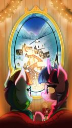 Size: 2160x3840 | Tagged: safe, artist:zvn, derpibooru import, rainbow dash, twilight sparkle, pegasus, pony, clothes, cup, female, hearth's warming, lesbian, scarf, scenery, shipping, snow, town, twidash, window, winter