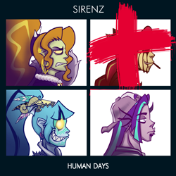 Size: 1425x1425 | Tagged: safe, artist:madness-with-reason, adagio dazzle, aria blaze, sonata dusk, sunset satan, sunset shimmer, equestria girls, album cover, album parody, gorillaz, the dazzlings