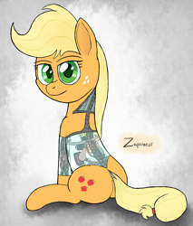 Size: 1408x1651 | Tagged: safe, artist:zaponator, applejack, earth pony, pony, robot, appleborg, applebot, dock, ex machina, looking at you, parody, plot, sitting, solo, transparent flesh