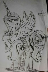 Size: 550x819 | Tagged: safe, artist:emositecc, princess celestia, princess luna, alicorn, pony, angry, crying, duo, female, mare, monochrome, raised hoof, signature, simple background, sisters, spread wings, traditional art, white background, wings