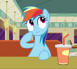 Size: 806x721 | Tagged: safe, derpibooru import, screencap, rainbow dash, pegasus, pony, the saddle row review, cropped, cup, cute, dashabetes, diner, drink, female, mare, raised hoof, sitting, smiling, solo, thinking