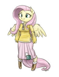 Size: 986x1280 | Tagged: safe, artist:king-kakapo, fluttershy, anthro, unguligrade anthro, arm hooves, boots, clothes, hoof hands, multiple variants, necklace, patch, skirt, solo, unshorn fetlocks