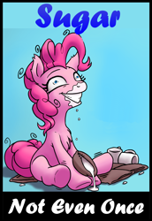 Size: 1448x2104 | Tagged: safe, artist:chromaskunk, artist:slb94, artist:stoic5, edit, pinkie pie, earth pony, pony, chest fluff, female, food, implied drug use, leg twitch, mare, messy mane, not even once, sitting, snorting, solo, sugar (food), text edit, wide eyes