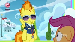 Size: 1920x1080 | Tagged: safe, derpibooru import, screencap, scootaloo, spitfire, pegasus, pony, the washouts (episode), clothes, duo, female, filly, foal, mare, sunglasses, uniform, whistle, wings, wonderbolts dress uniform, wonderbolts headquarters